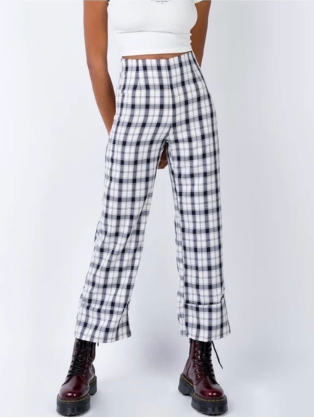 Princess Polly Black & White Plaid High-Rise Wide-Leg Pants